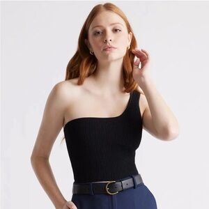 QUINCE Black One Shoulder Ribbed Top XS